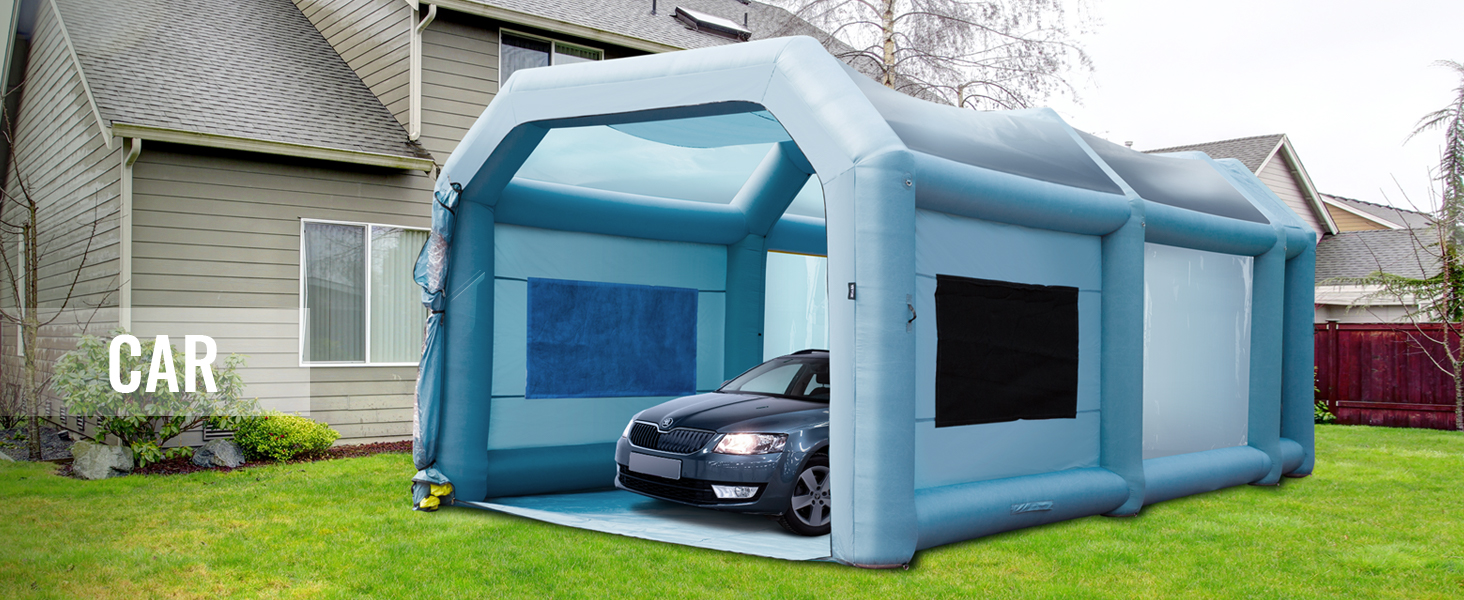 VEVOR inflatable paint booth setup in a yard, housing a car for painting near a house.