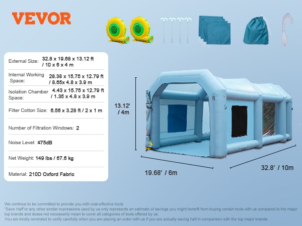VEVOR inflatable paint booth showcasing dimensions, accessories, and a car inside the enclosed space.
