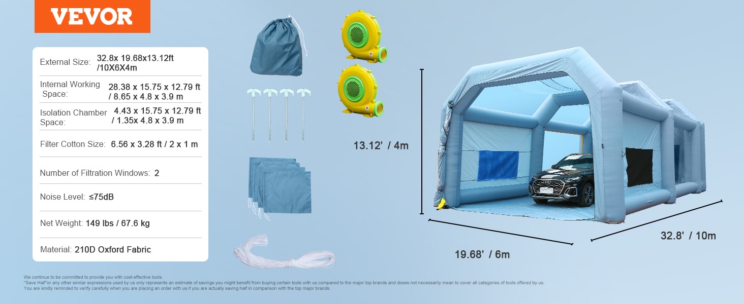 VEVOR inflatable paint booth showcasing dimensions, accessories, and a car inside the enclosed space.