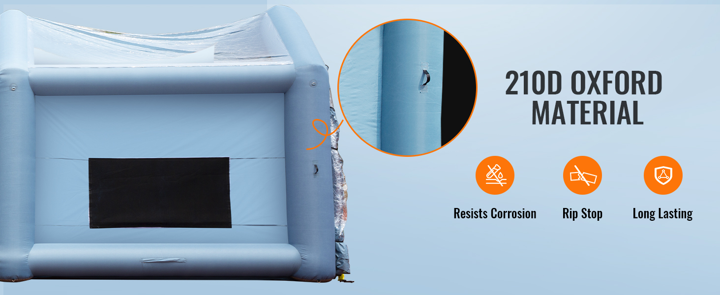 VEVOR inflatable paint booth made with durable 210d oxford material, resists corrosion, rip stop, long lasting.