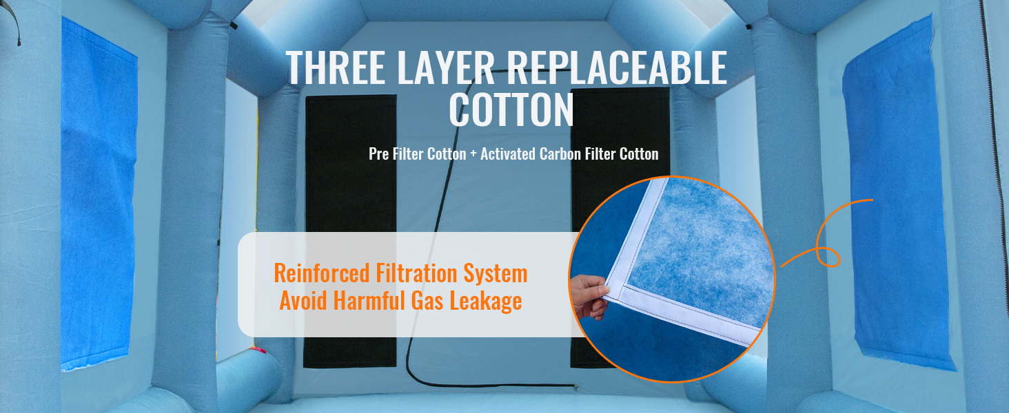 VEVOR inflatable paint booth with three-layer replaceable cotton and reinforced filtration system.