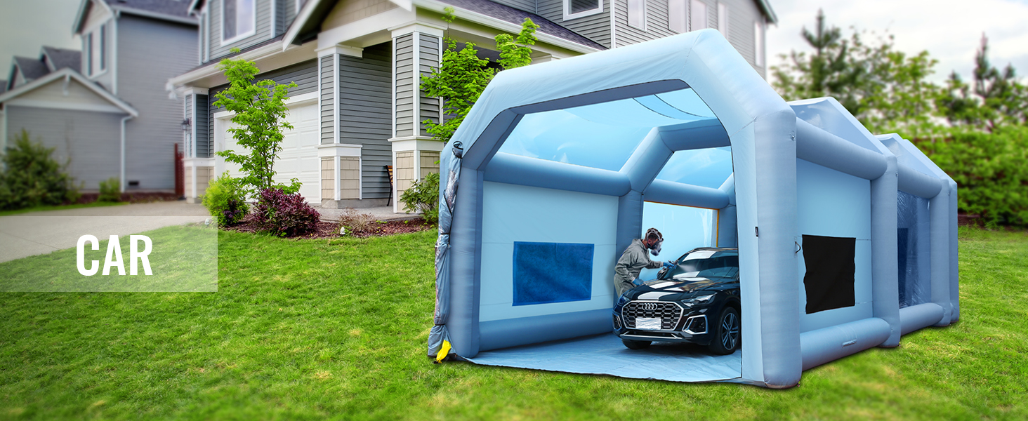 VEVOR inflatable paint booth set up in a residential backyard with a car inside.