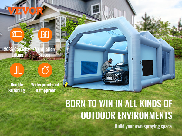 VEVOR inflatable paint booth setup outdoors with ventilation, double stitching, and waterproof features.