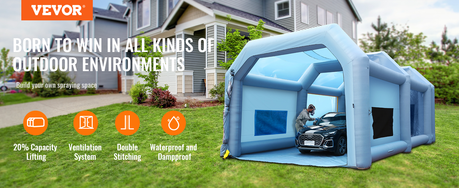 VEVOR inflatable paint booth setup outdoors with ventilation, double stitching, and waterproof features.
