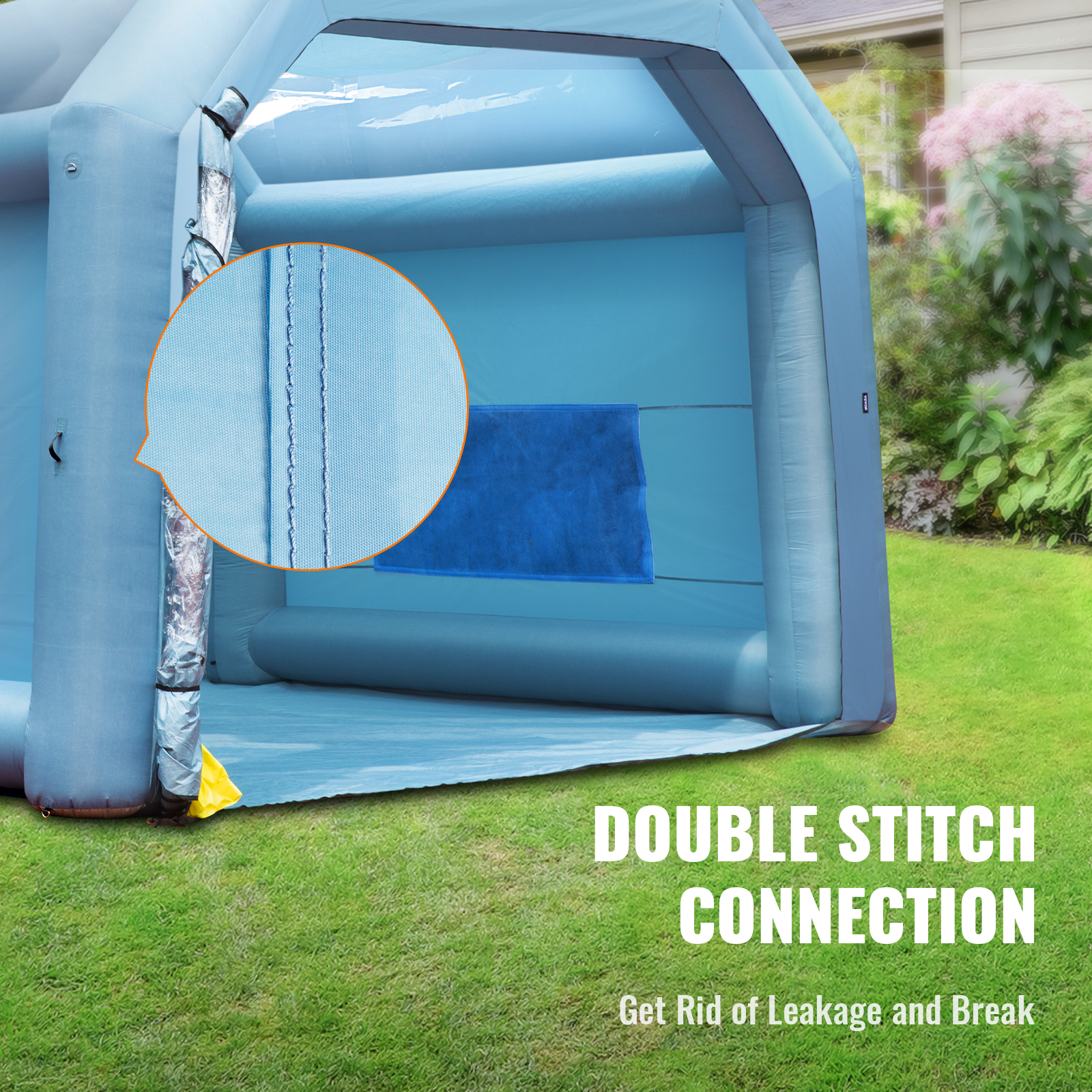 VEVOR inflatable paint booth with double stitch connection for leak prevention in garden setting