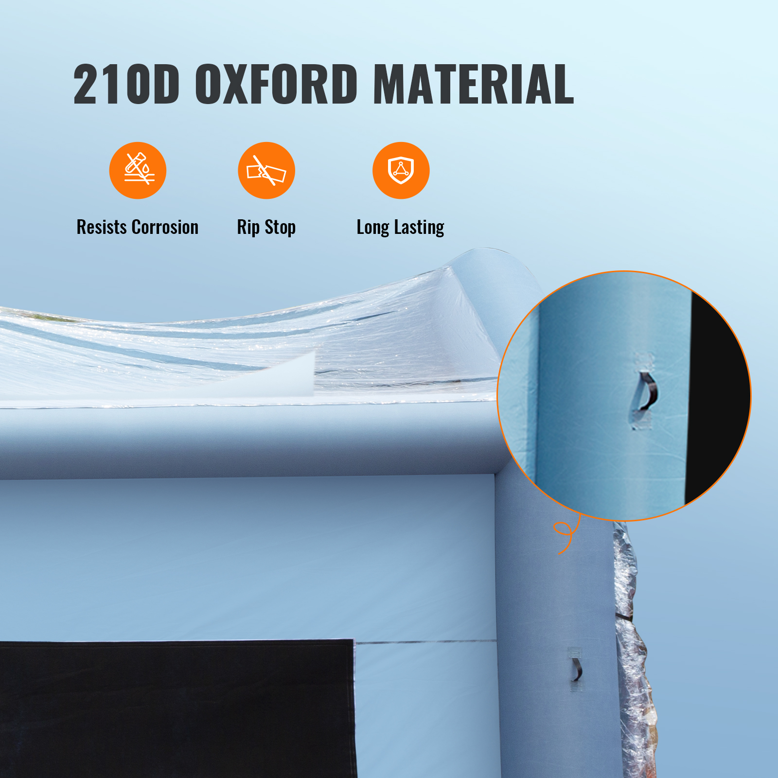 VEVOR inflatable paint booth made from durable 210d oxford material, resists corrosion, rip-stop, long-lasting.