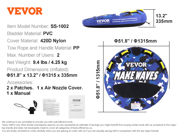 VEVOR towable tube specifications with dimensions, materials, and accessories listed. blue camouflage design.