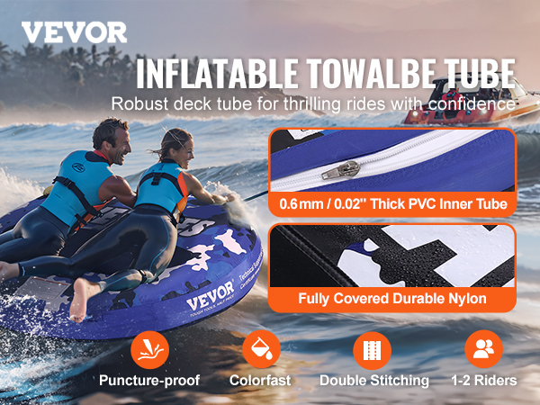VEVOR towable tube for 1-2 riders, featuring durable nylon, pvc inner tube, and double stitching.