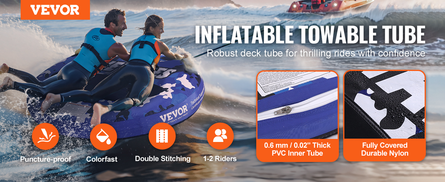 VEVOR towable tube for 1-2 riders, featuring durable nylon, pvc inner tube, and double stitching.