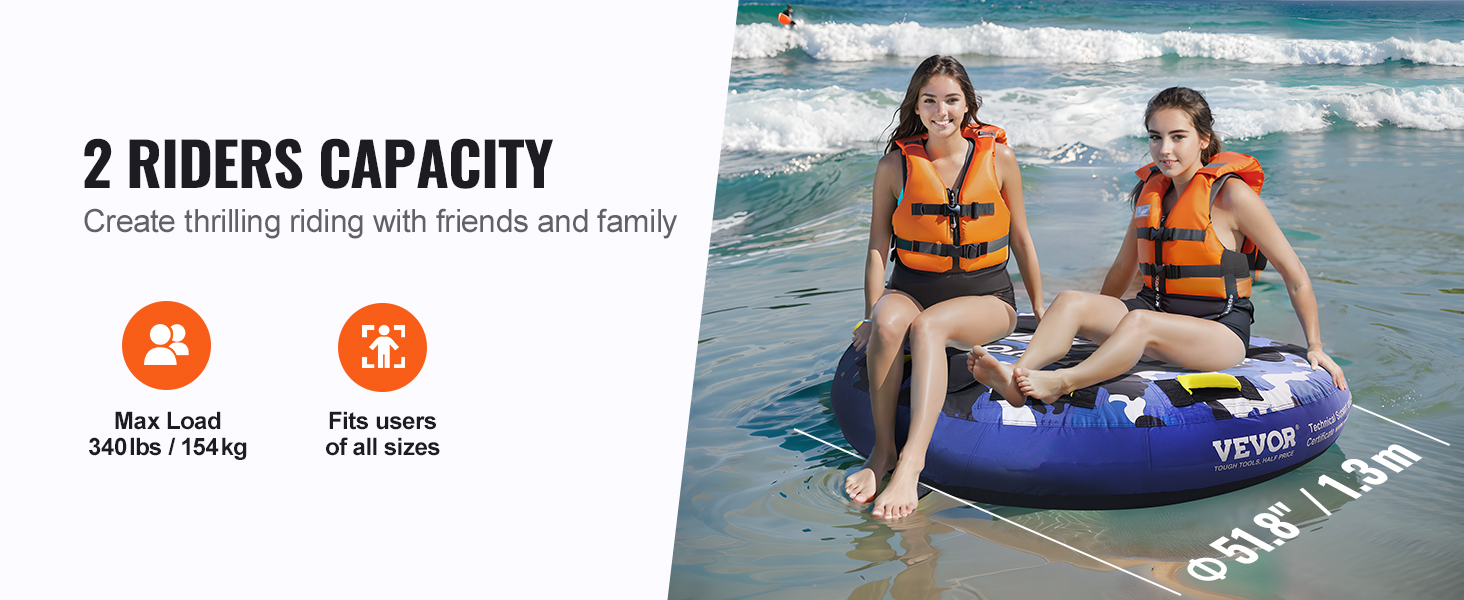 VEVOR towable tube: 2 riders on a blue inflatable tube in ocean waves, wearing life vests, enjoying the ride.