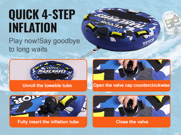 VEVOR towable tube with quick 4-step inflation guide shown on water background.
