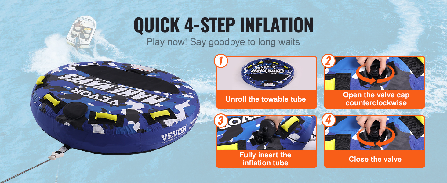 VEVOR towable tube with quick 4-step inflation guide shown on water background.
