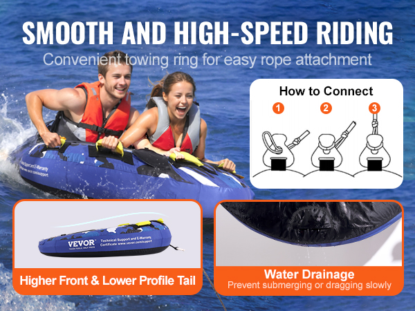 smooth and high-speed riding with VEVOR towable tube featuring easy towing, higher front, and water drainage.