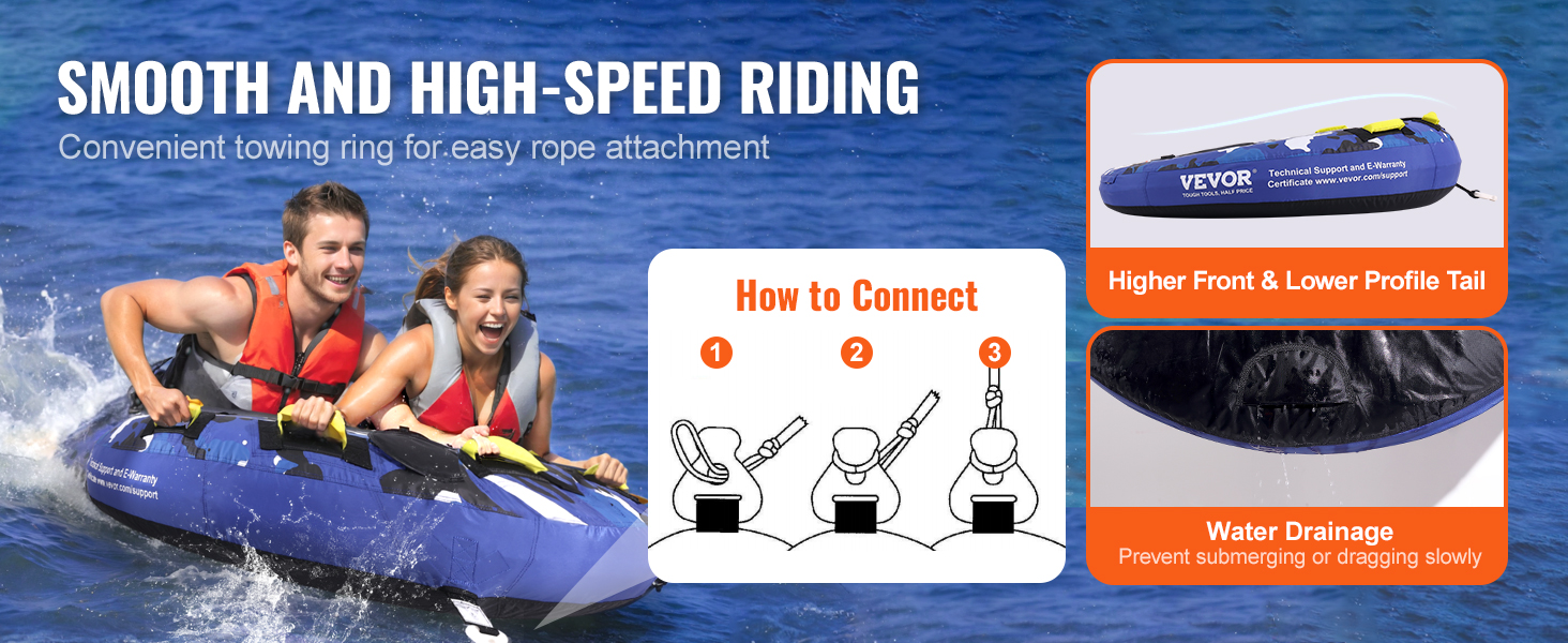 smooth and high-speed riding with VEVOR towable tube featuring easy towing, higher front, and water drainage.