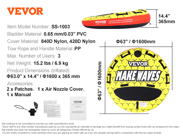 VEVOR towable tube specifications with dimensions and materials, showing yellow tube with "make waves".