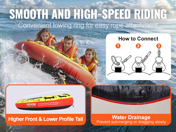 VEVOR towable tube in action with three riders, easy rope attachment, and water drainage features.