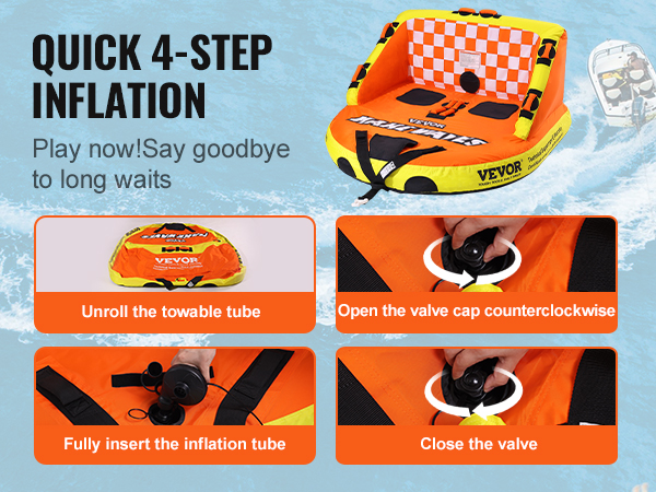 VEVOR towable tube with quick 4-step inflation guide, high air tightness, convenient and fun.