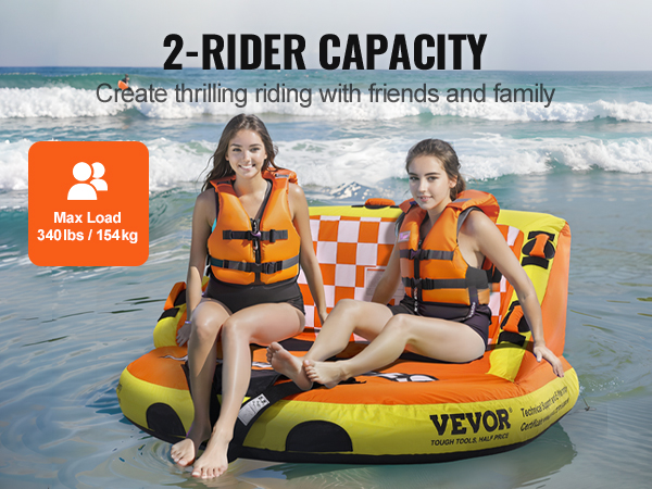 2-rider VEVOR inflatable water tube with life jackets on a beach day.