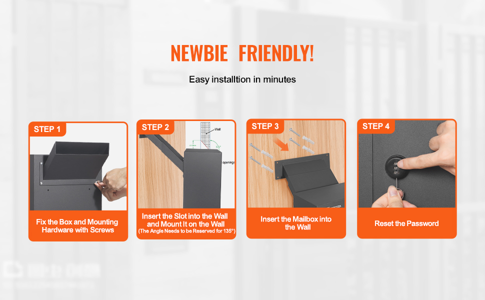 VEVOR through the wall mailbox installation steps: fix box, insert slot, mount mailbox, reset password. easy!