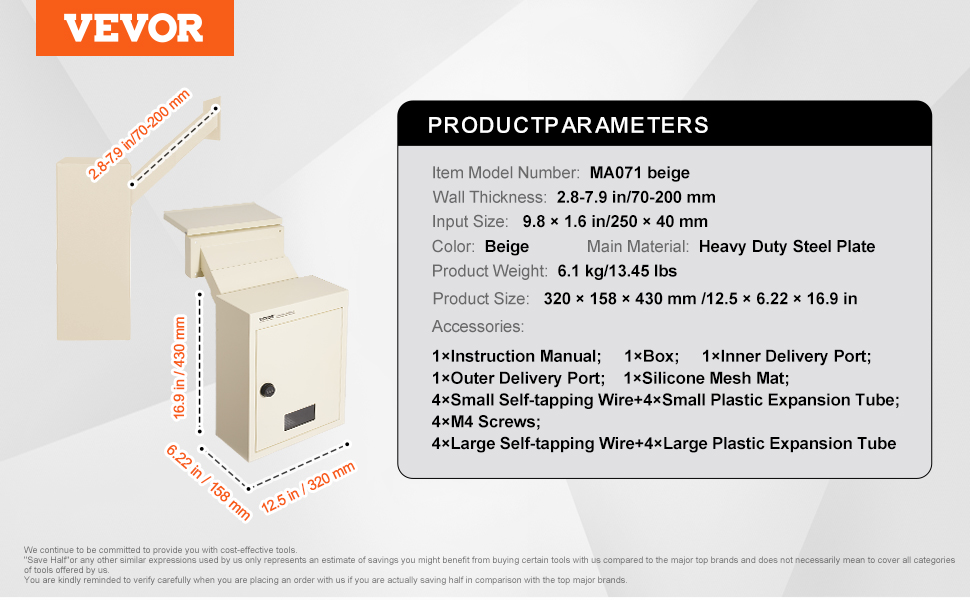 VEVOR through the wall drop box, ma071 beige, heavy-duty steel, 12.5 x 6.22 x 16.9 inches, 13.45 lbs.