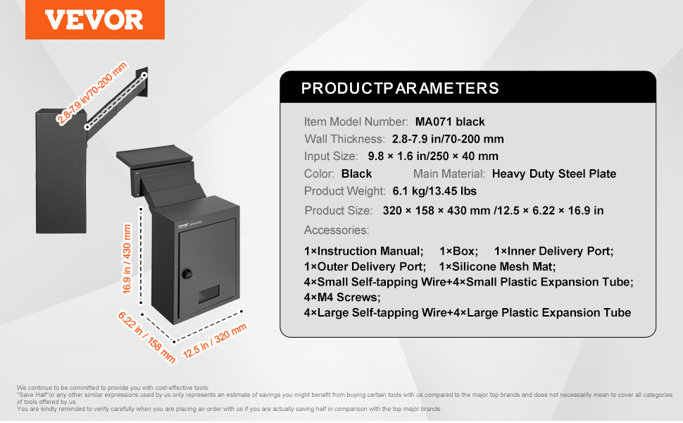 VEVOR through the wall drop box ma071 with black heavy-duty steel, 320x158x430 mm, and accessories.