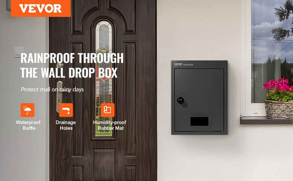 VEVOR through the wall drop box beside a door and a window, featuring waterproof, drainage, and humidity-proof icons.