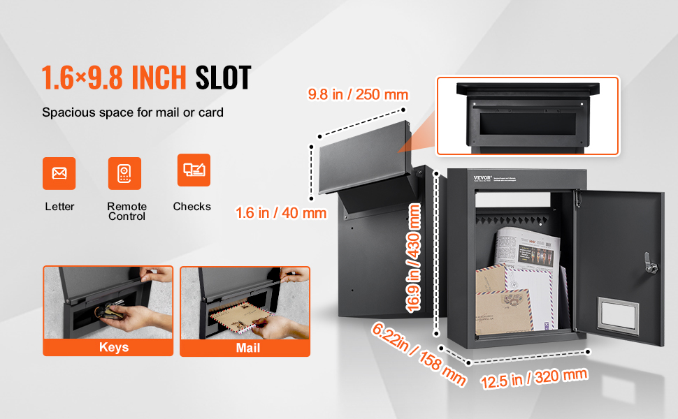 VEVOR through the wall drop box with 1.6x9.8-inch slot, spacious for keys, mail, letters, and checks.