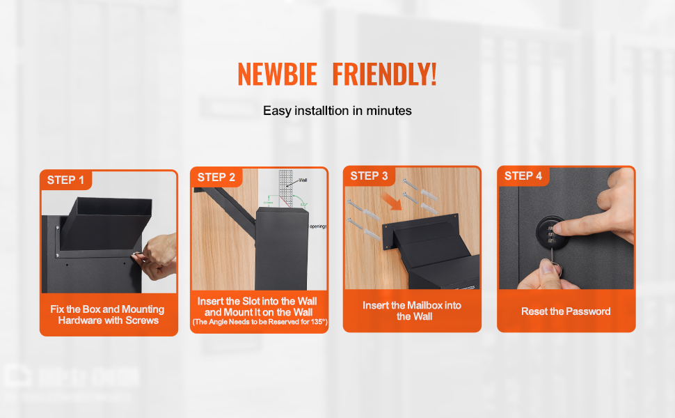 newbie-friendly steps for installing VEVOR through the wall drop box: fix, insert, mount, reset password.