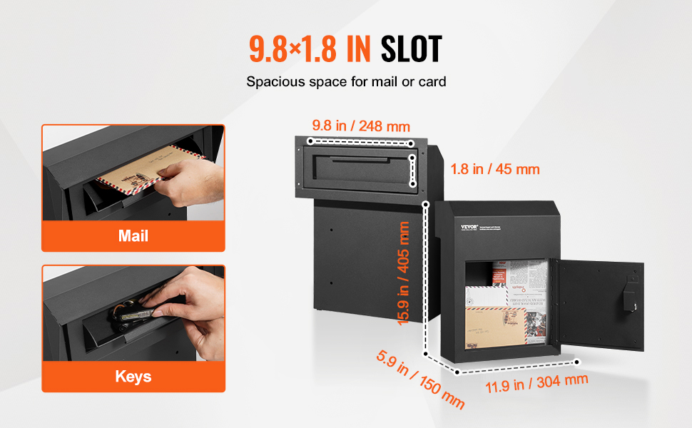 VEVOR key drop box with 9.8x1.8 in slot, ideal for mail and keys, and spacious internal storage.