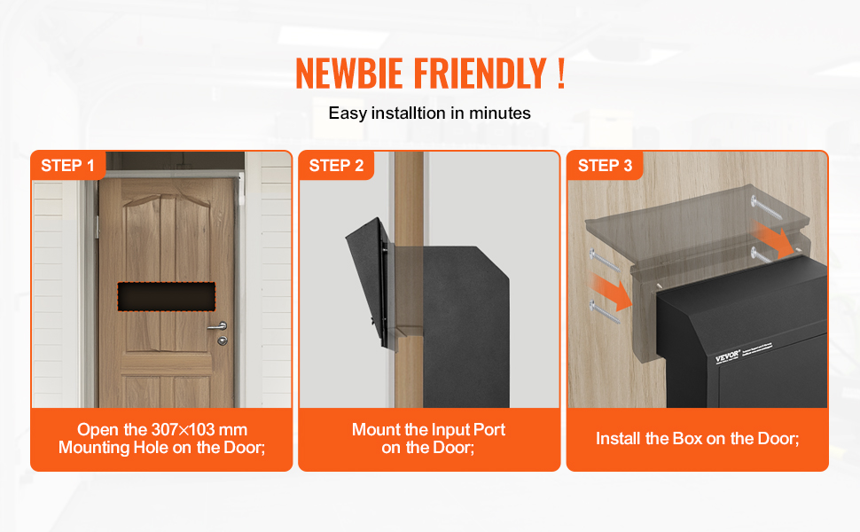three-step installation guide for VEVOR key drop box: cut hole, mount port, and install box. easy setup.