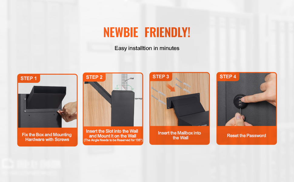 newbie friendly steps for installing the VEVOR through the wall drop box, with screws and password reset.