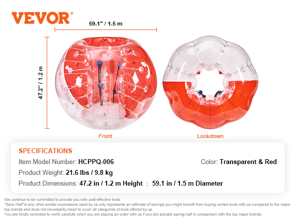 VEVOR inflatable bumper ball in transparent and red, dimensions 47.2" x 59.1", weight 21.6 lbs.