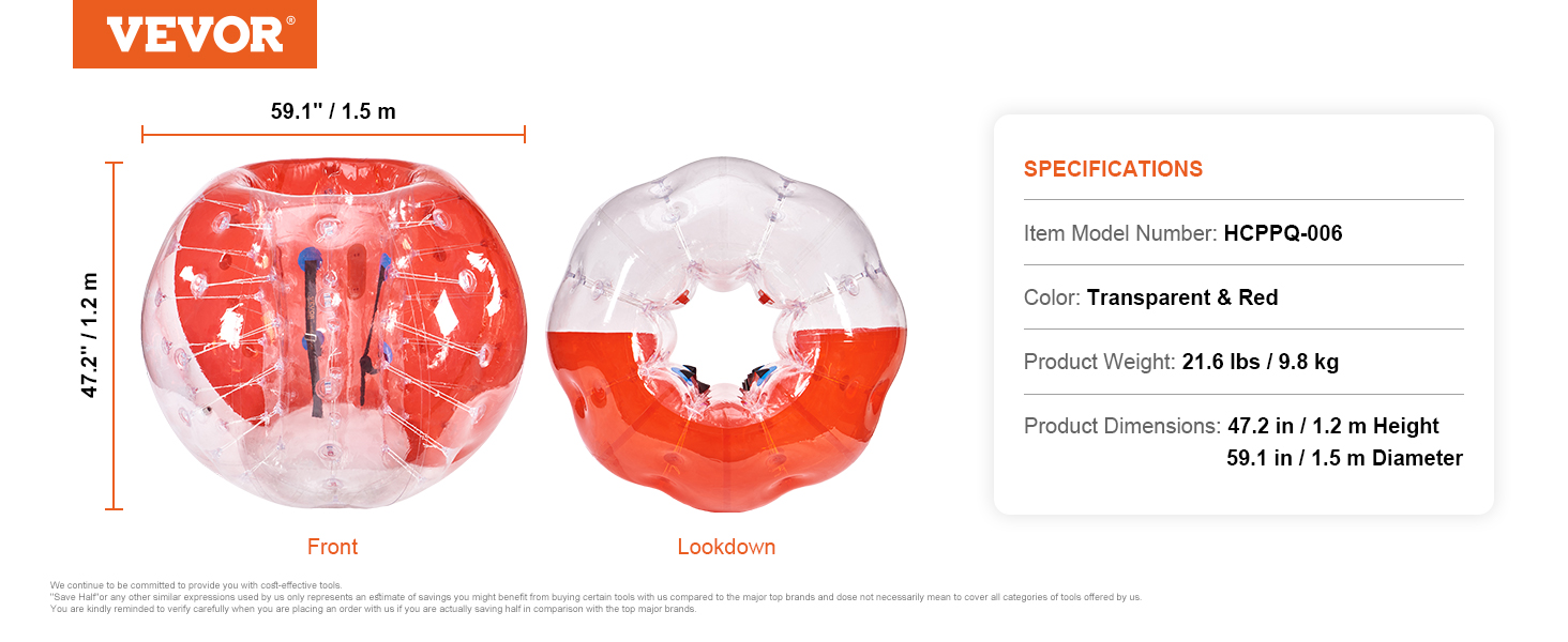 VEVOR inflatable bumper ball in transparent and red, dimensions 47.2" x 59.1", weight 21.6 lbs.