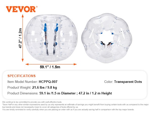 VEVOR inflatable bumper ball, 59.1" diameter, 47.2" height, transparent with blue and black straps.