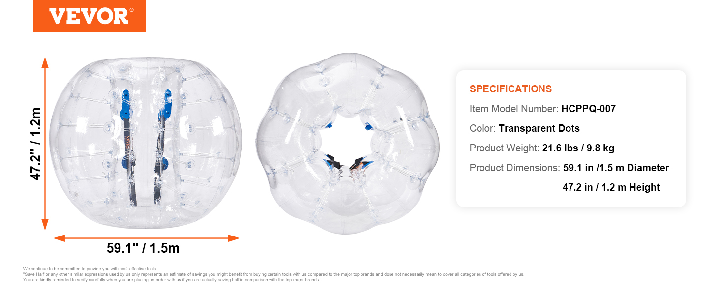 VEVOR inflatable bumper ball, 59.1" diameter, 47.2" height, transparent with blue and black straps.
