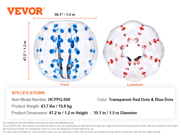 VEVOR inflatable bumper balls with blue and red dot patterns, 59.1” diameter, 47.2” height.