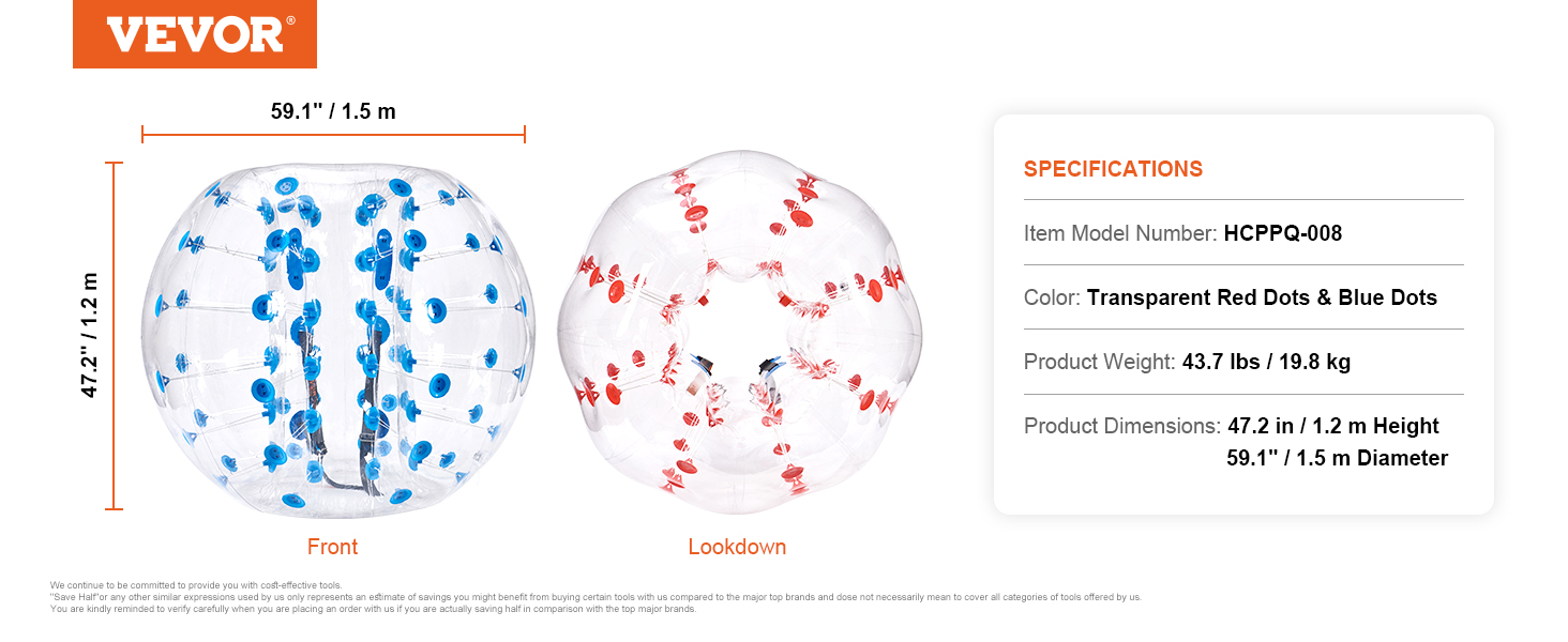 VEVOR inflatable bumper balls with blue and red dot patterns, 59.1” diameter, 47.2” height.