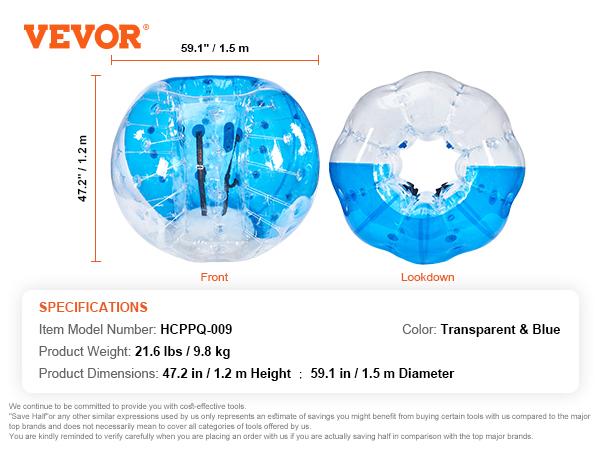 VEVOR inflatable bumper ball, transparent and blue, with dimensions and specifications displayed.