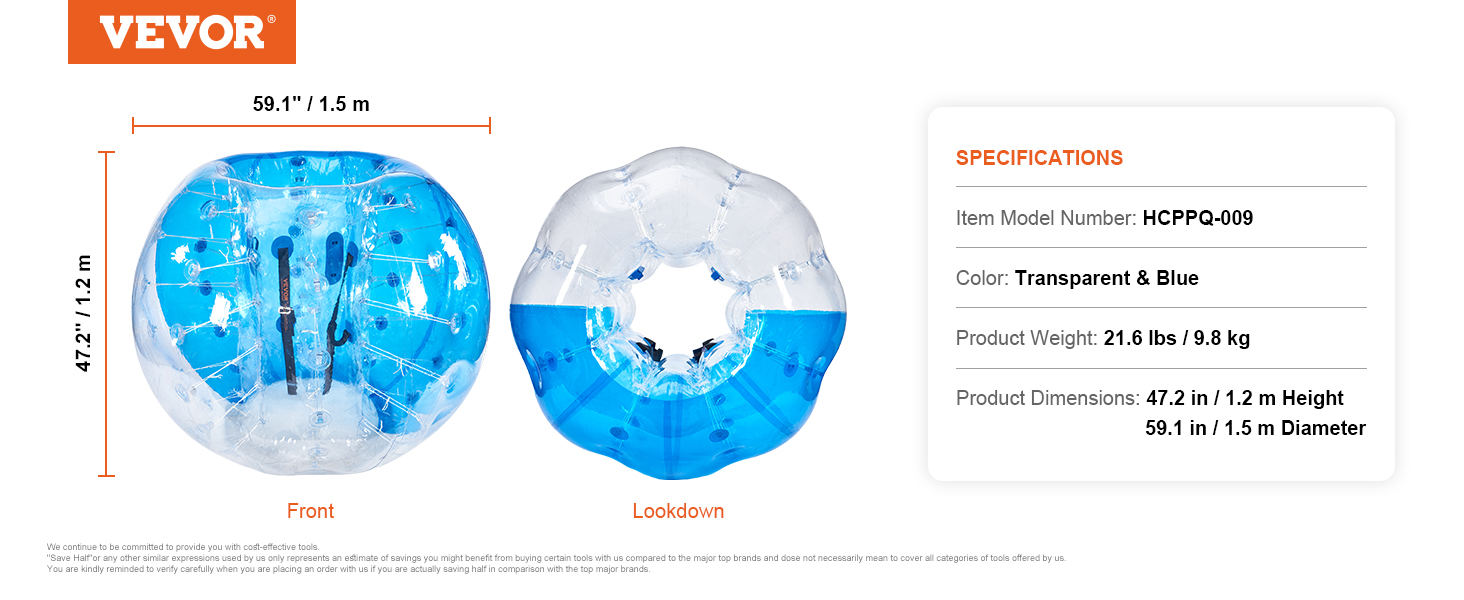 VEVOR inflatable bumper ball, transparent and blue, with dimensions and specifications displayed.