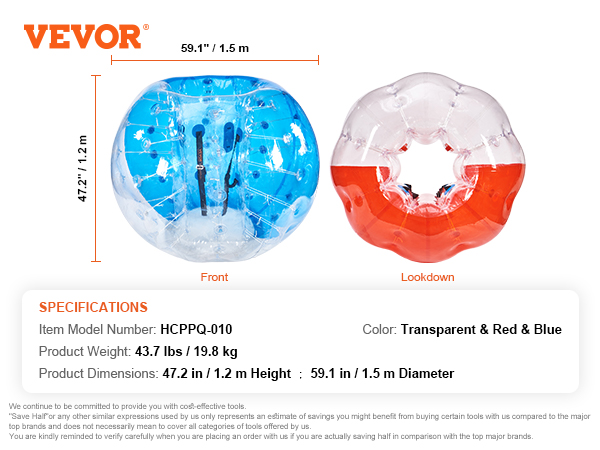VEVOR inflatable bumper balls in transparent blue and red, 47.2 in height, 59.1 in diameter.