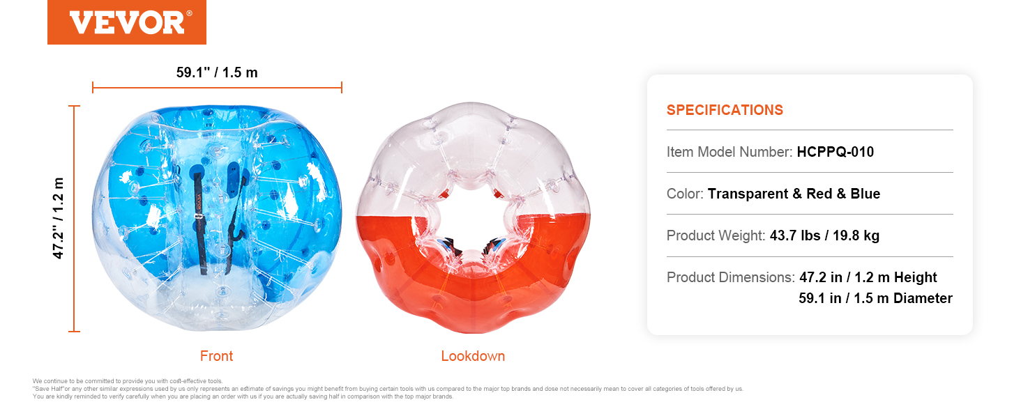 VEVOR inflatable bumper balls in transparent blue and red, 47.2 in height, 59.1 in diameter.