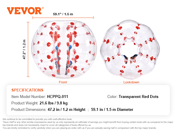 VEVOR inflatable bumper ball with transparent red dots, 47.2 in height, 59.1 in diameter.
