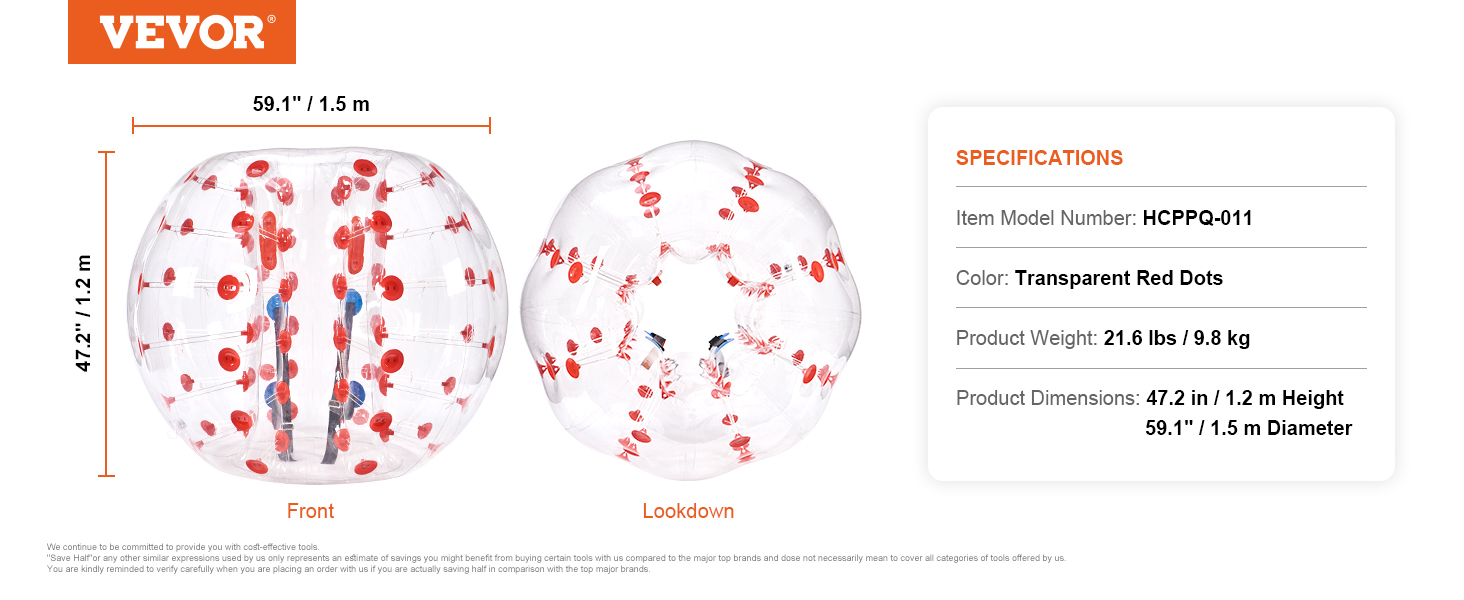 VEVOR inflatable bumper ball with transparent red dots, 47.2 in height, 59.1 in diameter.