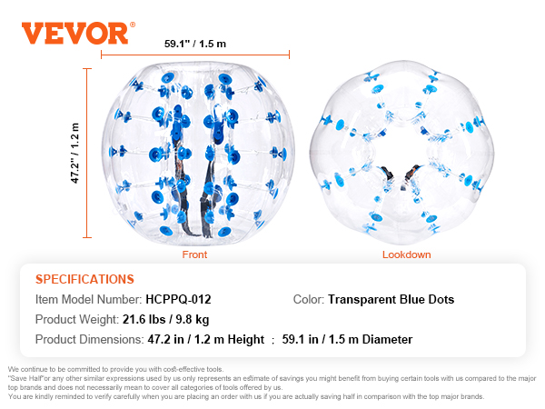 VEVOR inflatable bumper ball with blue dots, 47.2 in height, 59.1 in diameter, 21.6 lbs weight.