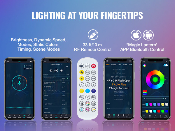 VEVOR LED pātagu gaismas vadība, izmantojot magic lantern lietotni un rf tālvadības pulti; regulē spilgtumu, ātrumu, režīmus.
