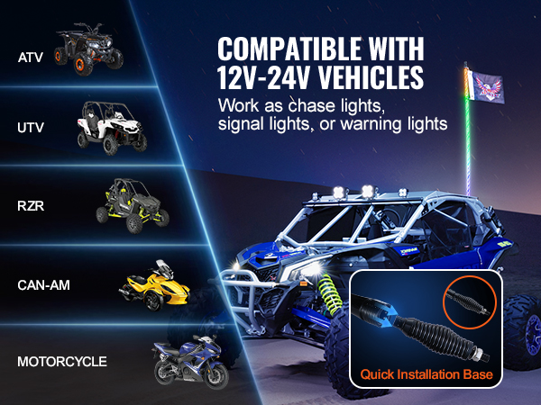 savietojams ar 12v-24v transportlīdzekļiem, VEVOR LED pātagu gaisma ir ātri uzstādāma utv, atv, rzr.