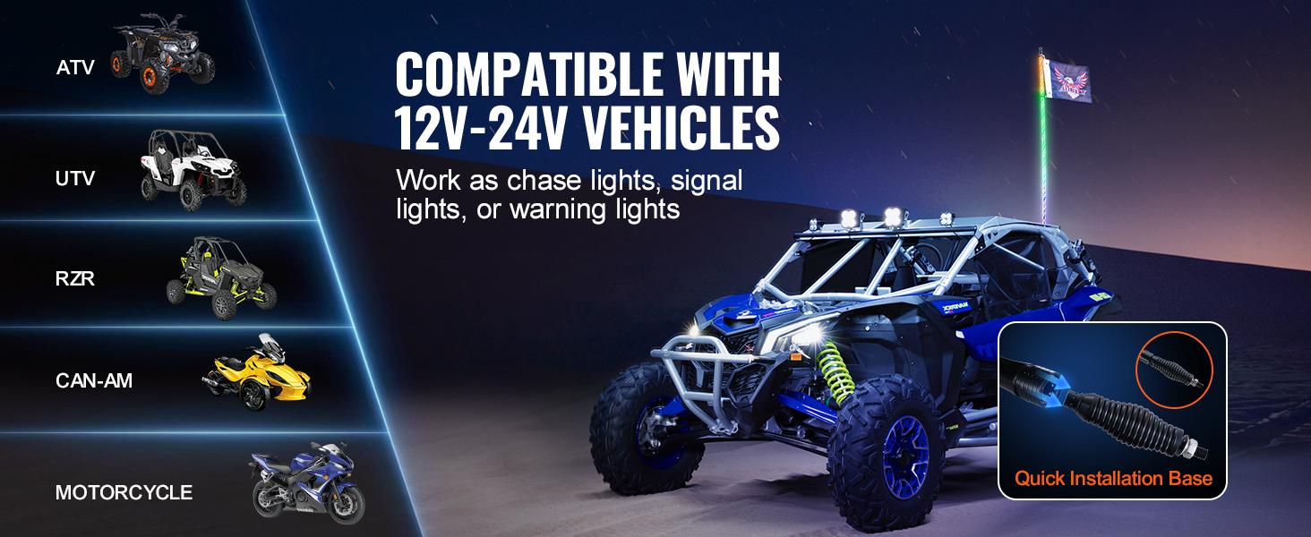 savietojams ar 12v-24v transportlīdzekļiem, VEVOR LED pātagu gaisma ir ātri uzstādāma utv, atv, rzr.