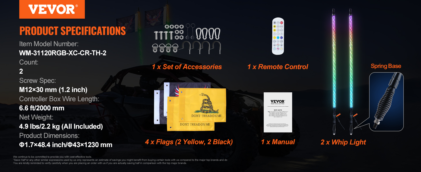 VEVOR led whip light set includes 2 whip lights, remote, flags, accessories, and manual.