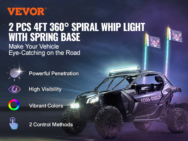 VEVOR led whip light on an off-road vehicle with vibrant colors and high visibility text.