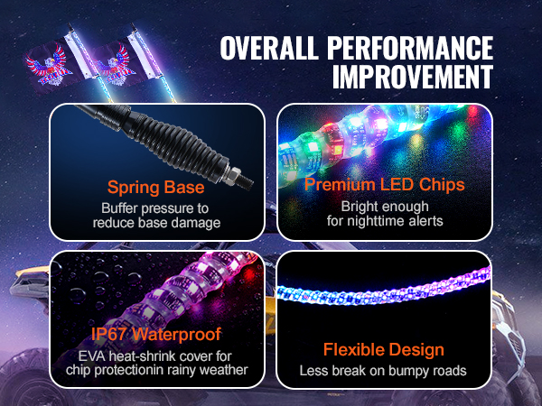 can-am vehicle with dual VEVOR led whip lights showcasing spring base, premium led chips, and ip67 waterproof.